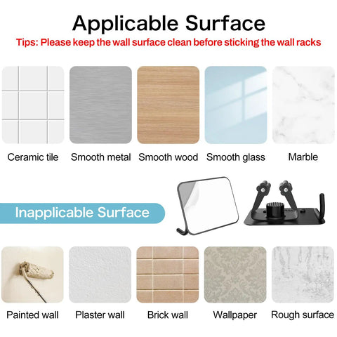 Applicable and inapplicable surfaces for 4 Pack No Drill Self Adhesive Broom Mop Holder Wall Mount With Hooks Heavy Duty Stainless Steel Organizer