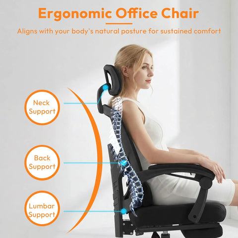 Comfy High Back Mesh Desk Chair With Foot Rest And Wheels For Ergonomic Support, Reclining Gaming Chair, side view with lumbar support