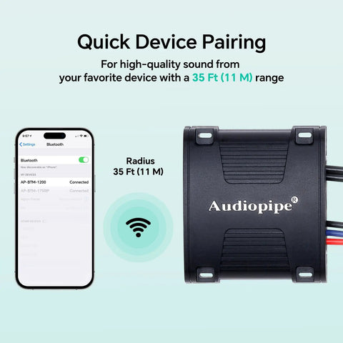 Marine Bluetooth Audio Receiver For Any Amp With RCA Outputs And 5.0 Tech Durable Water Resistant Build This Wireless Music Streamer Is Ready For Boat Life ATV UTV Golf Cart And Home Stereo AP BTM 1200 shown with phone for pairing demo