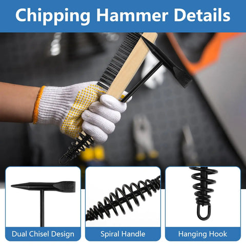Two Pack Welding Chipping Hammer And Wire Brush Set With 11 Inch Coil Spring Handle Cone And Vertical Chisel And 9.8 Inch Stainless Brush For Slag Spatter Residue Removal Durable Carbon Steel For Pros And DIY Welders