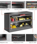 Beefy Garage Wall Cabinet With Up Flip Door Design, Adjustable Shelf, Magnetic System, Anti Fall Rails shown in workshop setting
