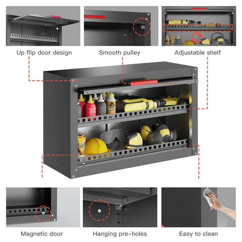 Beefy Garage Wall Cabinet With Up Flip Door Design, Adjustable Shelf, Magnetic System, Anti Fall Rails shown in workshop setting