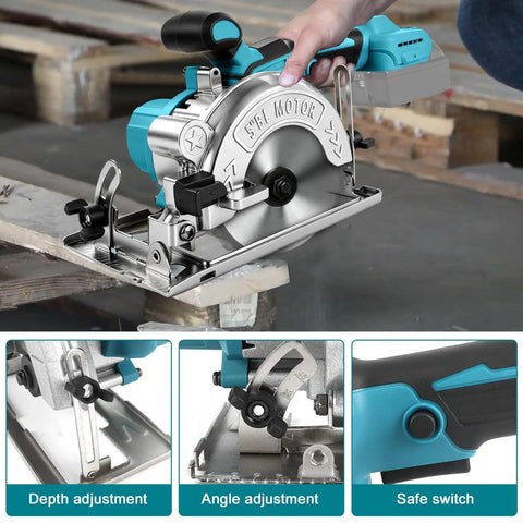 Badass 5 Inch Brushless Cordless Circular Saw Snap Mount Design Heavy Duty Pure Copper Motor Cranks At 6500 Rpm with adjustable features.