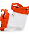 90 Degree RV Tote Tank Adapter With Clear Low Profile Elbow And Odor Tight Locking Heavy Duty Resin Construction Universal Lug Sewer Fit Dual Bayonet End Prongs For Easy Dump And Downhill Drainage clear resin elbow with orange bayonet ends