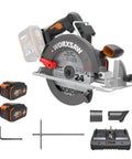 Heavy Duty Cordless Circular Saw Brings Knockout Forty Volt Power with 7 1/4 inch blade and battery pack for fast cutting.