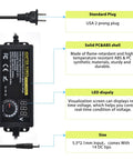 Adjustable DC Power Supply 3A 72W 3V To 24V Output Universal Switching Adapter with LED readout and USA plug, description labels.