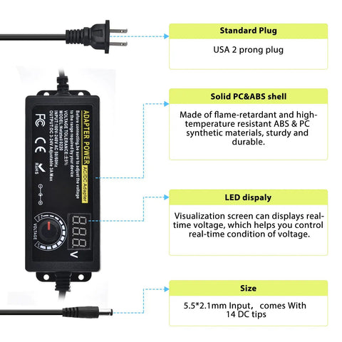 Adjustable DC Power Supply 3A 72W 3V To 24V Output Universal Switching Adapter with LED readout and USA plug, description labels.