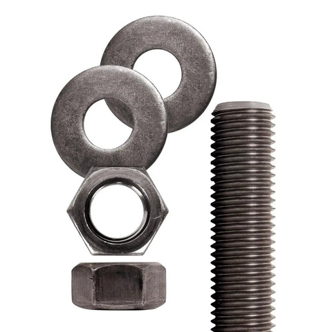 Unfinished One And One Quarter Inch All Thread Rod Thirty Six Inch Long Seven TPI UNC Coarse ASTM A307 Grade A Carbon Steel with hex nuts and washers