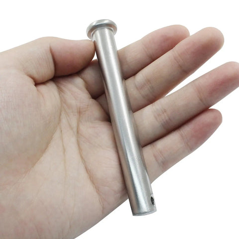 Heavy Duty Single Hole Clevis Pins M12 X 100 Mm Flat Head Two Piece Set shown in hand, made of stainless steel.