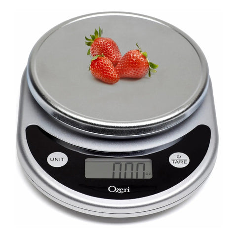 Digital Kitchen Scale For Meal Prep Pros With Multifunction Weighing And Variable Graduation Tech, showing strawberries on scale
