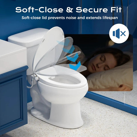 Elongated Bidet Toilet Seat With Adjustable Water Pressure Self Cleaning Nozzles Slow Close Lid in modern bathroom setting.