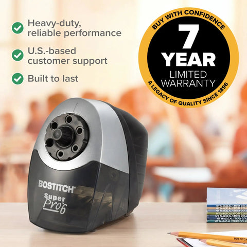Heavy Duty 6 Hole Pencil Sharpener With Industrial Motor Quiet Fan Cooled Operation 75 Percent Faster Sharpening next to warranty badge