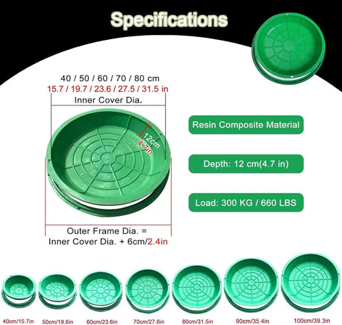 Round Resin Drainage Access Lid 40 Cm Grass Cover For Lawn Garden And Landscaping Easy No Fuss Pull Hole Manhole Cap For Quick Inspections Durable Outdoor Utility Access Cover For Yard Maintenance.