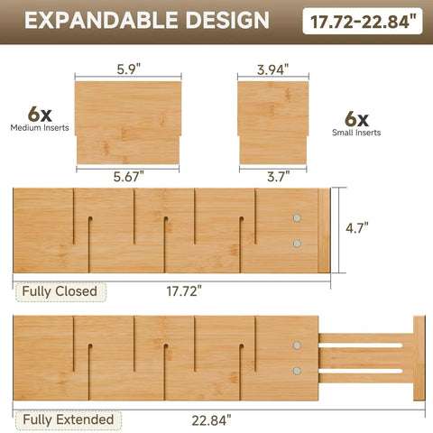 Hella Sturdy Bamboo Drawer Dividers Expandable Closet Organizers For Clothes dimensions showing six medium and small inserts.