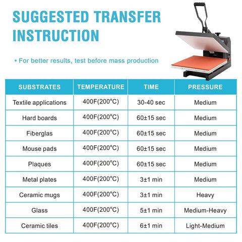 Suggested transfer instructions for Dope Quality Pro Grade Sublimation Paper Bundle 8.5x11 Inches 125Gsm 400 Sheets usage.