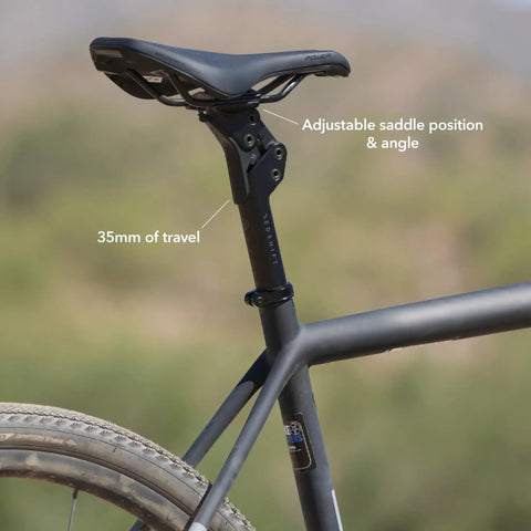 ShockStop Pro Endurance Suspension Seatpost 27.2mm By 350mm With 35mm Travel shown on bike with adjustable saddle