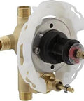 Close-up of Rite-Temp 1/2 Inch Pressure-Balancing Shower Valve With Push-Button Diverter, showing brass construction and connections.