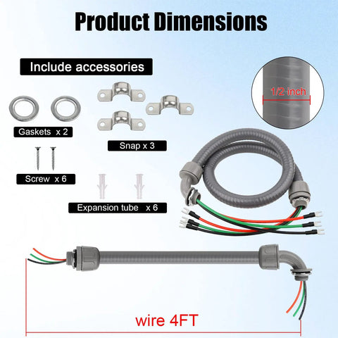 Half Inch Power Whips Assembly 4 Ft Nonmetallic Liquid Tight Flexible Conduit Kit With 3 Conductors 10 Gauge THHN Electrical Wires