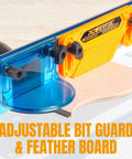 Router Table Fence System Kit With Aluminum Fence Thirty Two Inches Long And Three And A Half Inches Tall Easy Adjustment Knob Flip Stop Measuring Tape Feather Board Bit Guard Built In Dust Port close-up showing bit guard and feather board.