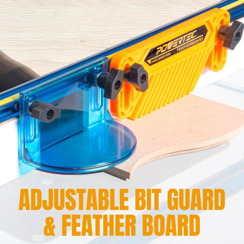 Router Table Fence System Kit With Aluminum Fence Thirty Two Inches Long And Three And A Half Inches Tall Easy Adjustment Knob Flip Stop Measuring Tape Feather Board Bit Guard Built In Dust Port close-up showing bit guard and feather board.