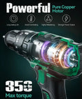 Go-To Cordless Hammer Drill Set With 20V 2.0Ah Battery Two-Pack, transparent view showing motor and 350 In-Lb torque