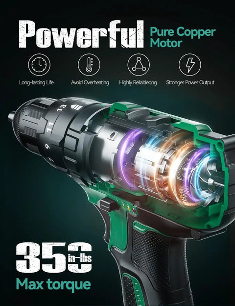 Go-To Cordless Hammer Drill Set With 20V 2.0Ah Battery Two-Pack, transparent view showing motor and 350 In-Lb torque