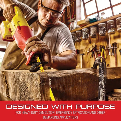 Worker using Beefy King Cut Bi Metal Reciprocating Saw Blade 9 Inch Length 1 Inch Width 0.63 Inch Thick Tapered Blade 10 14 TPI Fire Rescue Demolition Heavy Duty Pack Of Fifty in workshop
