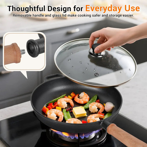12 Inch Cast Iron Skillet With Removable Wooden Handle Pre Seasoned Fry Pan cooking shrimp and vegetables on stovetop with lid