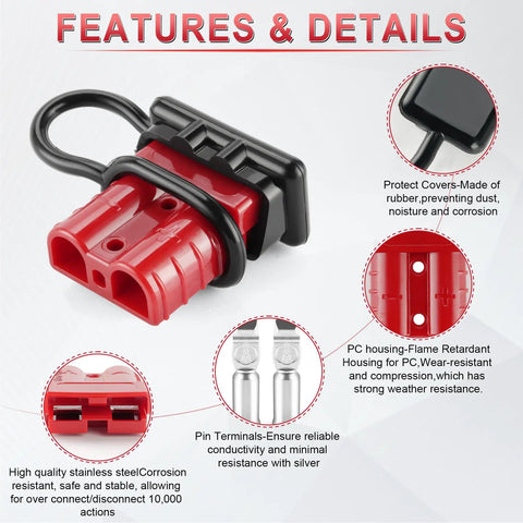 Red and black 2 Pack 50 Amp Quick Connect Disconnect Battery Connector Kit for 6 to 12 gauge wires with details on features