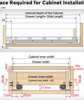 Diagram showing space requirements for installing Soft Close Bottom Mount Drawer Slides For 21 Inch Cabinets with dimensions.