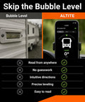 Comparison of traditional bubble level next to smartphone displaying Hassle Free Wireless RV Leveling System With Bluetooth App Control for trailers.