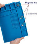 Hands holding Blue Magnetic Soldering Work Mat Pro Grade Large Heat Resistant Silicone Repair Pad showing magnetic zones