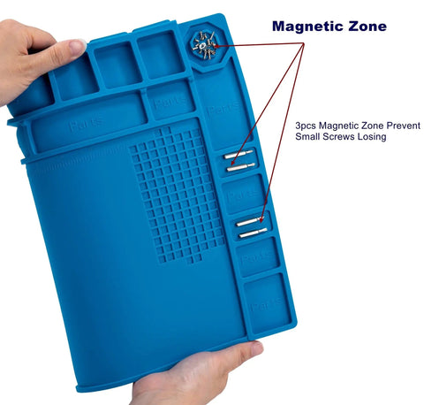 Hands holding Blue Magnetic Soldering Work Mat Pro Grade Large Heat Resistant Silicone Repair Pad showing magnetic zones