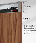 Concealed Sliding Barn Door Kit With Soft Close Hardware, detail showing L groove and track measurements, brown wood, aluminum track.