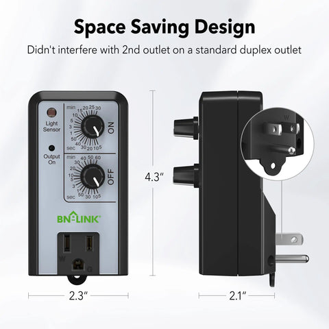 Repeat Cycle Intermittent Timer for Auto On Off showing front and side views with dimensions, dusk to dawn sensor visible.