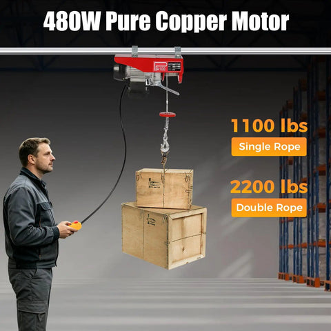 Heavy Duty 480W Mini Electric Hoist With Emergency Stop Button for Garage and Warehouse Use, lifting wooden boxes.