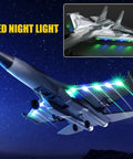 F22 Stealth RC Plane Raptor Remote Control Aircraft With 3 Channel Stunt Modes Xpilot Stabilization LED lights in night sky.