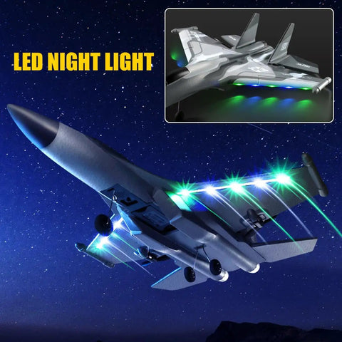 F22 Stealth RC Plane Raptor Remote Control Aircraft With 3 Channel Stunt Modes Xpilot Stabilization LED lights in night sky.