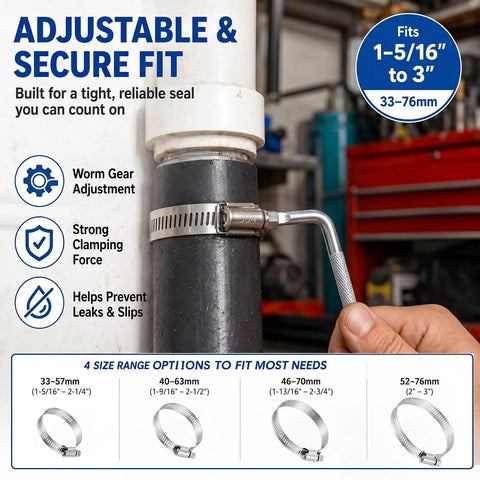 Top Notch 20-Piece Stainless Steel Hose Clamp Assortment Kit Ranging From 1-5/16 To 3 Inches Perfect For Intake Lines Pool Pumps Vacuums And Dust Collectors Durable 304 Steel For Home Or Pro Use. 304 stainless steel hose clamp on pipe, 33-76mm