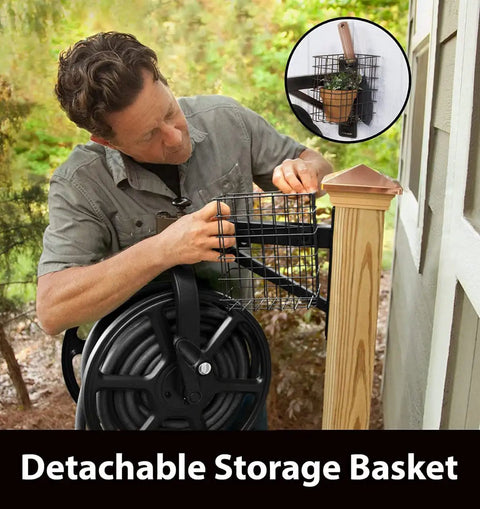 Man attaching detachable storage basket to wall post beside garden, showcasing Multi Directional Garden Hose Reel with 360 Degree Rotation.