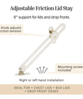 6 Inch Adjustable Friction Lid Stay With Knob For Easy Positioning Right Or Left Hand Lid Support Hinge For Antique Furniture Steel Unichrome Finish Includes Mounting Screws, shown with knob and screws