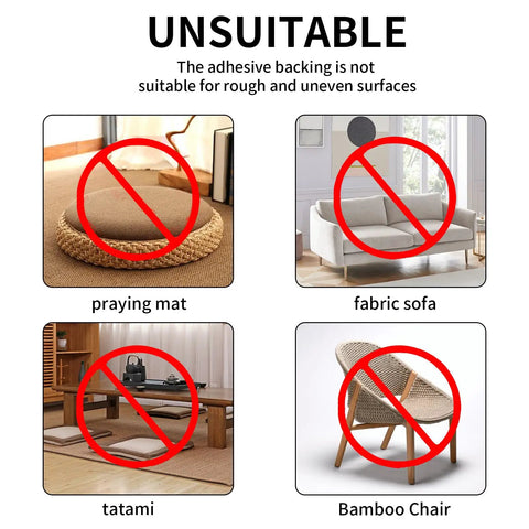 Image showcasing unsuitable surfaces for Non Slip Couch Cushion Grips And Adhesive Hook And Loop Tape To Stop Cushions From Sliding On Sofas And Mattresses.