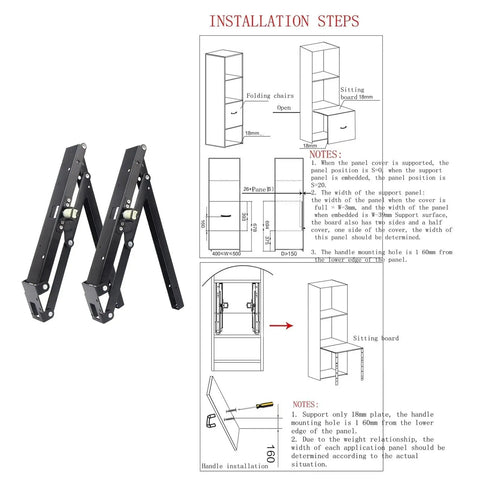 Concealed 2 Piece Folding Chair Stool Bracket Hinge for Shoe Cabinet Wardrobe Closet with installation steps diagram