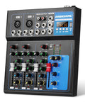 4 Channel USB Audio Interface Mixer With Built In Bluetooth MP3 Player And 48V Phantom Power For Karaoke DJ Gigs Stage Live Streaming And Studio Setup With Mic Guitar Line Inputs, showing knob controls and XLR combo inputs