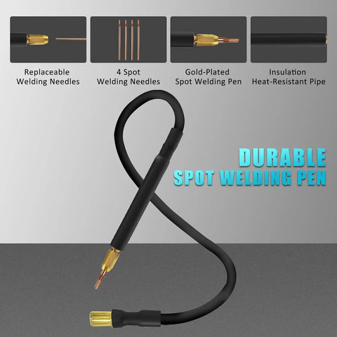Portable Capacitor Spot Welder With Crisp LCD Display And 120 Pulse Controls For Effortless 18650 Battery Packing And Slim Nickel Strips showcasing durable gold-plated spot welding pen.