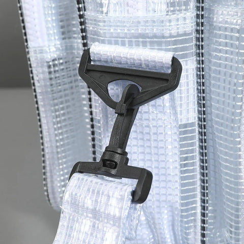 Close-up of the durable clip on the Clear Antistatic Crossbody Tool Bag Hella Durable Cold Pvc Build for Field Engineers.