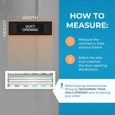 Diagram showing measurement instructions for No Hassle Duct Opening Heater Vent Deflector Wall Grille With Adjustable Front Blades.