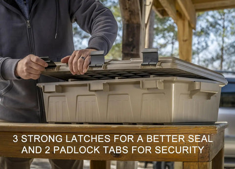 Person securing Divided Ammo Crate Utility Box With Seven Compartments Water Resistant And Lockable Ammo Storage For 5.56 9mm 12 Gauge And More Built Tough For Survival Or Hunting Gear Made In USA Dark Earth on a table