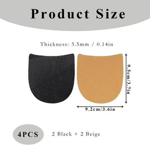 Two Pack Self Adhesive Rubber Heel Patches For Boots And Dress Shoes, shown in black and beige, size details included.
