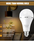 Emergency Rechargeable Light Bulbs Six Pack For Power Outages A21 9W displayed beside wall lamp and features list